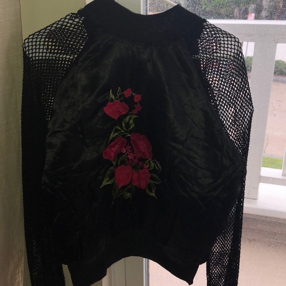 Embroidered light weight mesh sleeve bomber